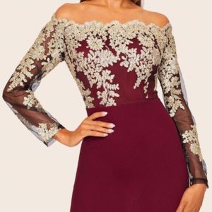 Off the shoulder red and gold dress